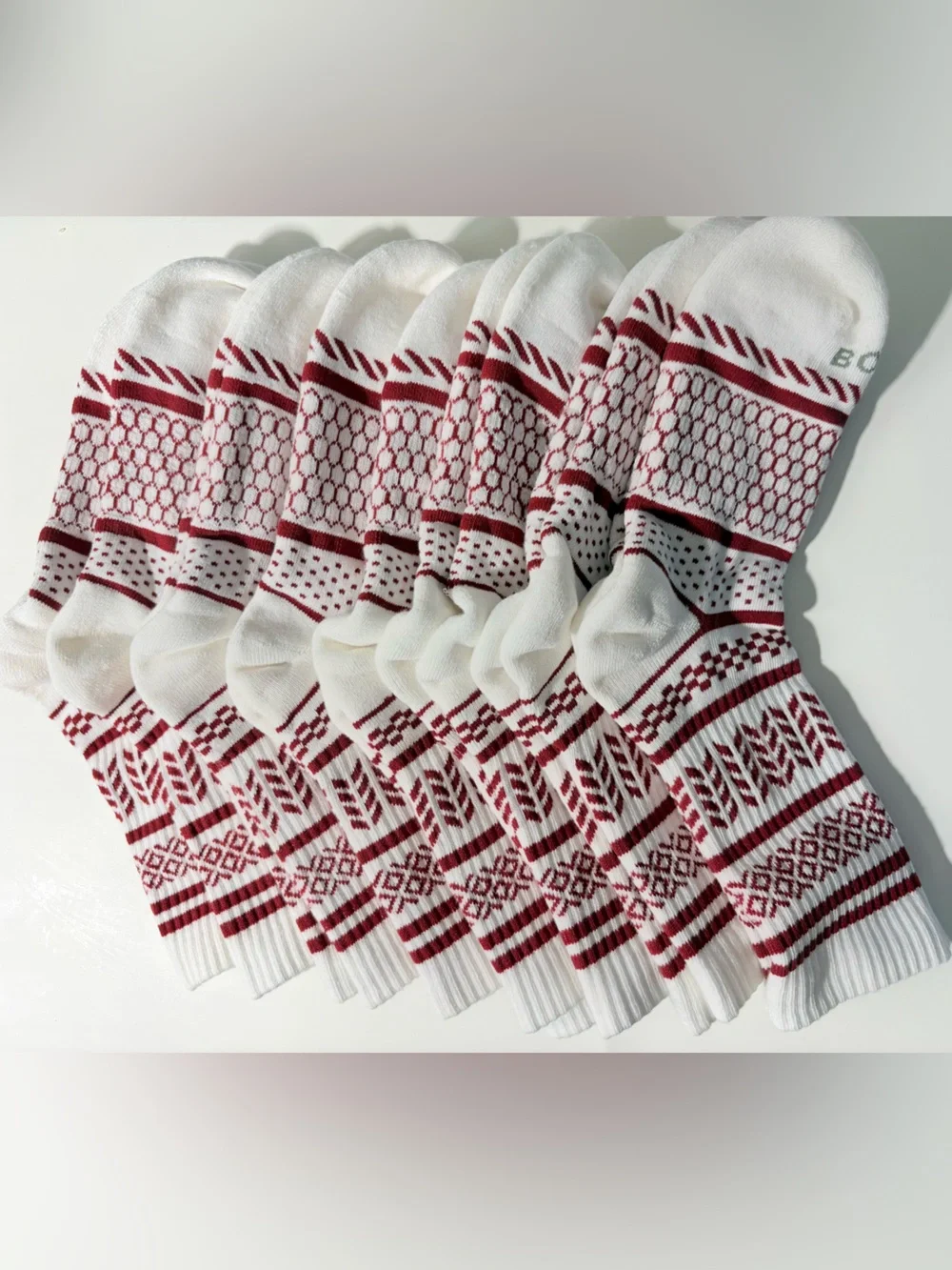 Bombas 10 Pack White Crew Socks with Red Geometric Pattern
